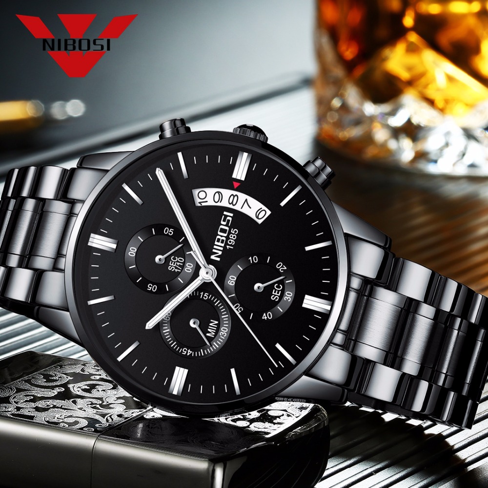 Luxury Watch Top 10 - NIBOSI الفولاذ المقاوم للصدأ الأسود ساعة