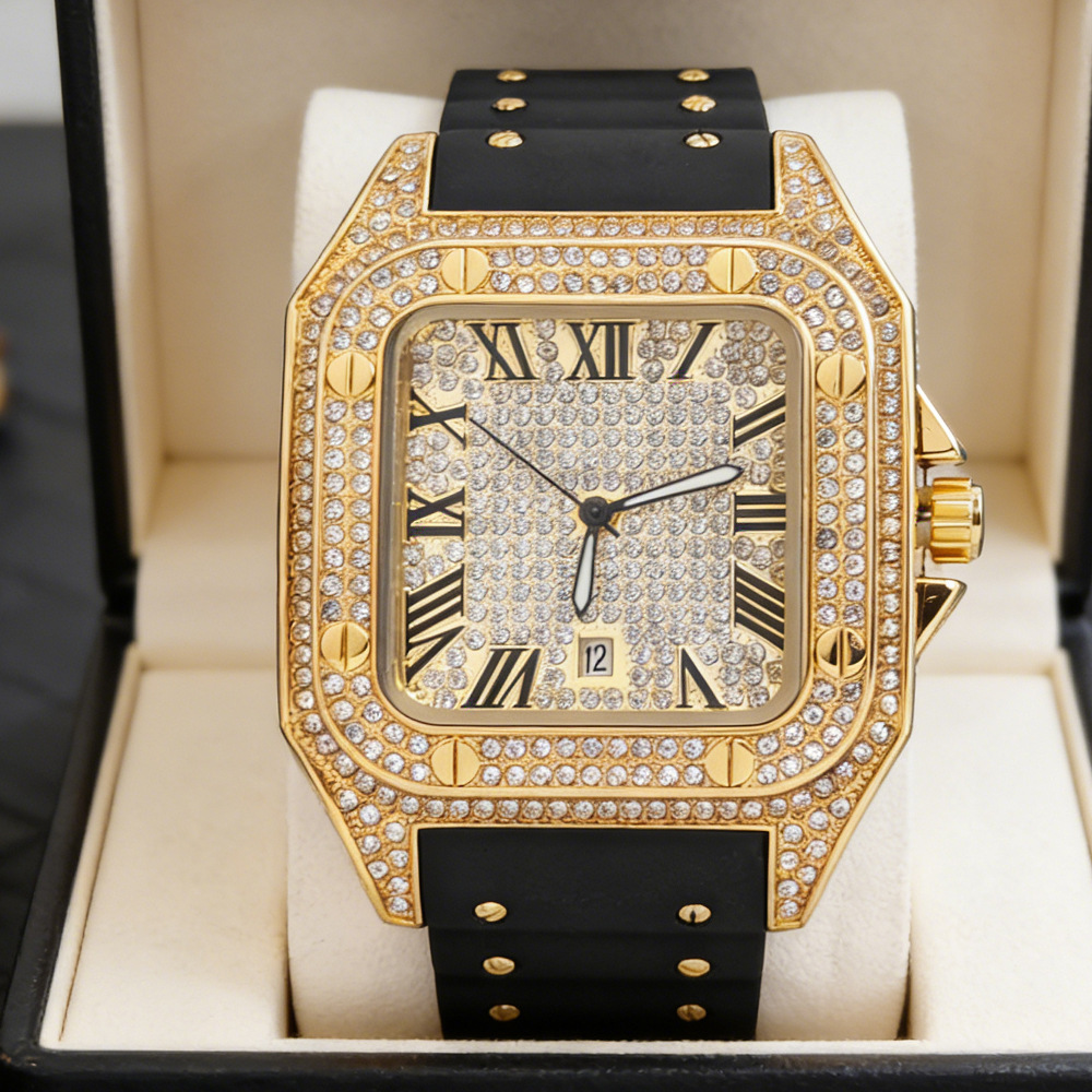 Luxury Watch Rubber Strap - ساعة يد رجالية كوارتز مرصعة بالكامل